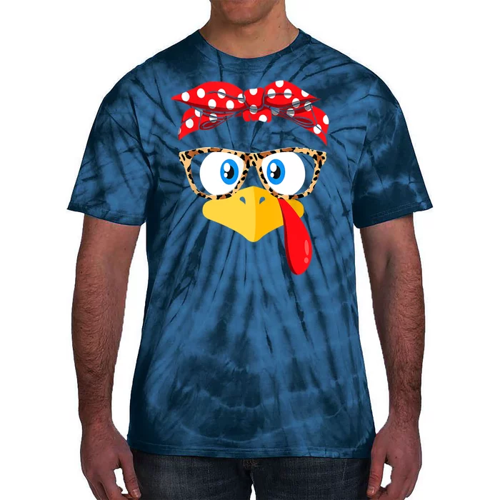 Funny Thanksgiving Strong Girl Turkey Face Leopard Print Glasses Tie-Dye T-Shirt