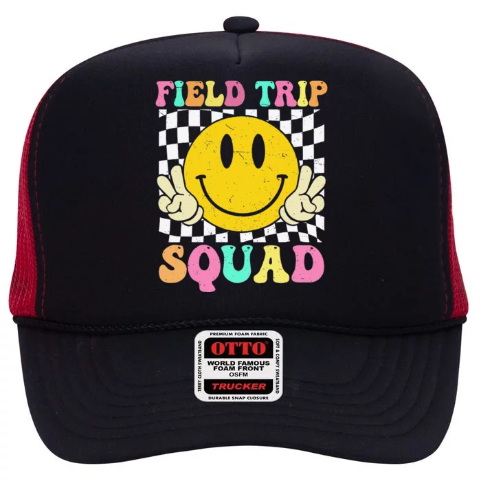 Field Trip Squad Groovy Field Day 2024 Hippie Smile Face High Crown Mesh Trucker Hat