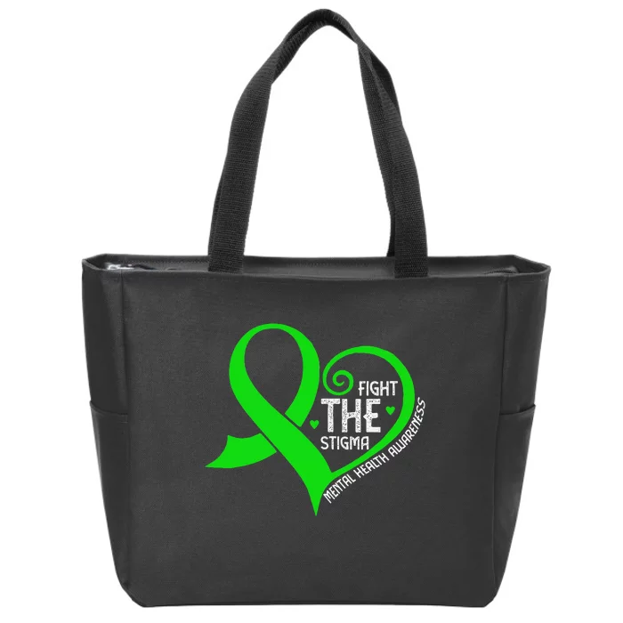 Fight the Stigma Heart Green Ribbon Mental Health Awareness Zip Tote Bag