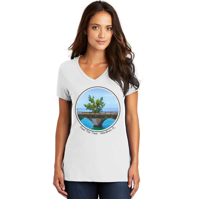 Fred The Tree Marathon Fl 7 Mile Bridge Tree Of Hope Women's V-Neck T-Shirt