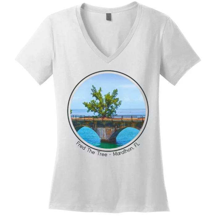 Fred The Tree Marathon Fl 7 Mile Bridge Tree Of Hope Women's V-Neck T-Shirt