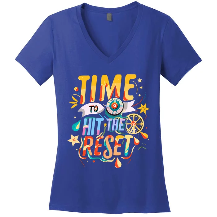 Festive Time To Hit The Reset New Year Holiday Party Season Gift Women's V-Neck T-Shirt