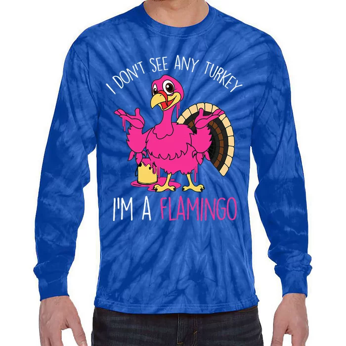 Funny Thanksgiving Turkey Pink Flamingo Pun Tie-Dye Long Sleeve Shirt