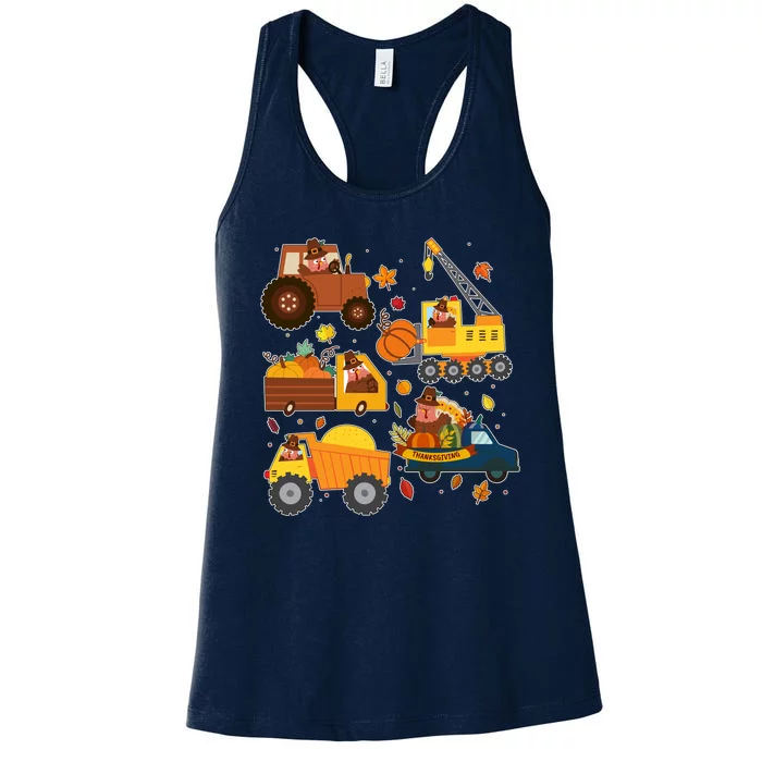 Funny Thanksgiving Turkeys Construction Vehicles Women's Racerback Tank