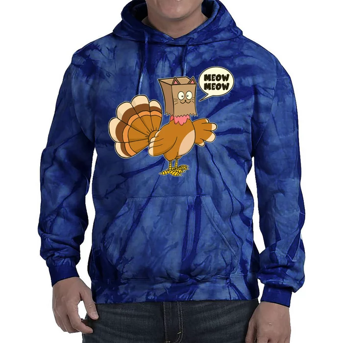 Funny Thanksgiving Turkey In Cat Face Paper Bag Tie Dye Hoodie