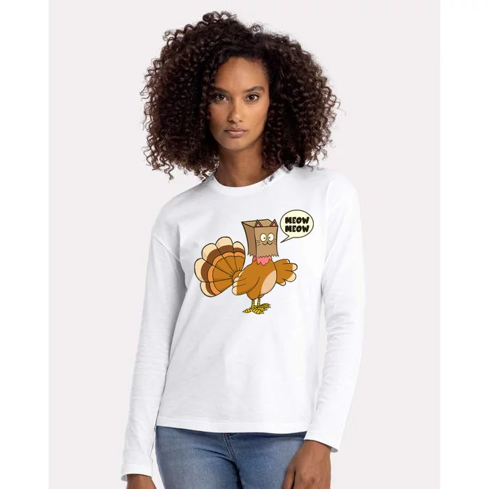 Funny Thanksgiving Turkey In Cat Face Paper Bag Womens Cotton Relaxed Long Sleeve T-Shirt