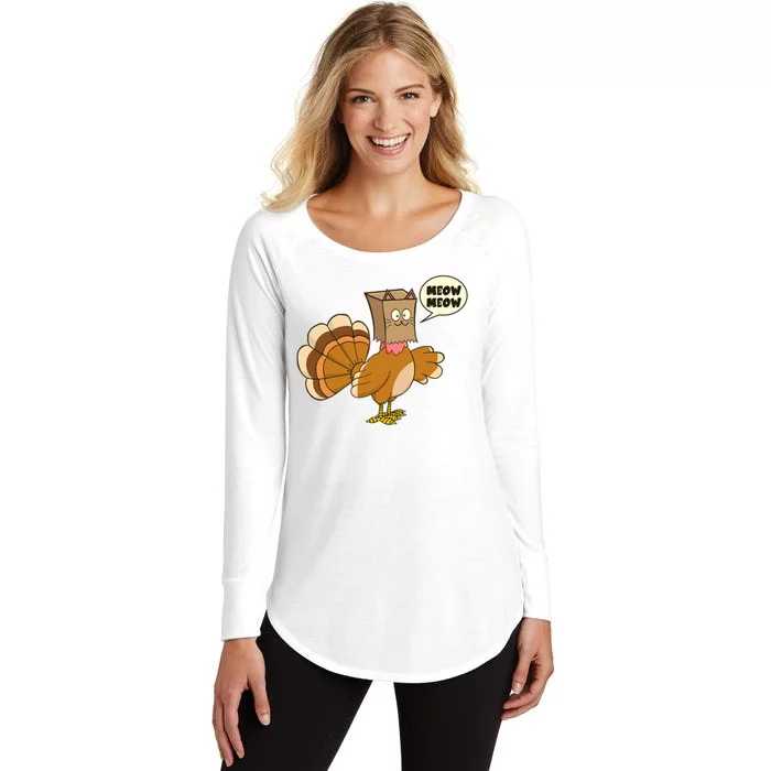 Funny Thanksgiving Turkey In Cat Face Paper Bag Women's Perfect Tri Tunic Long Sleeve Shirt