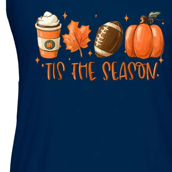 Funny Tis The Season Pumpkin Leaf Latte Football Thanksgiving Fall Ladies Essential Flowy Tank