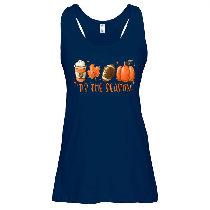 Funny Tis The Season Pumpkin Leaf Latte Football Thanksgiving Fall Ladies Essential Flowy Tank