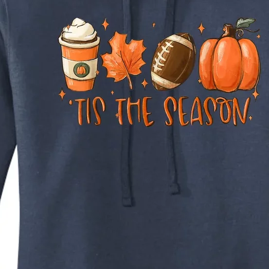 Funny Tis The Season Pumpkin Leaf Latte Football Thanksgiving Fall Women's Pullover Hoodie