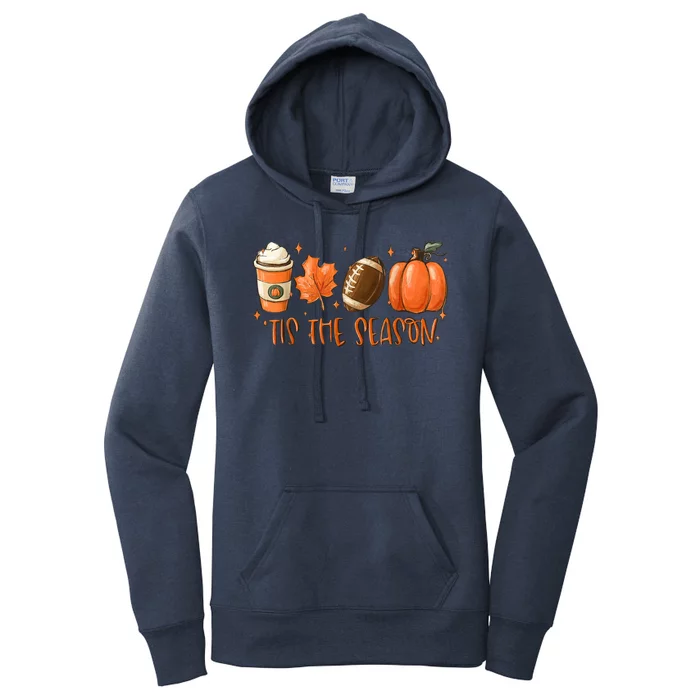 Funny Tis The Season Pumpkin Leaf Latte Football Thanksgiving Fall Women's Pullover Hoodie