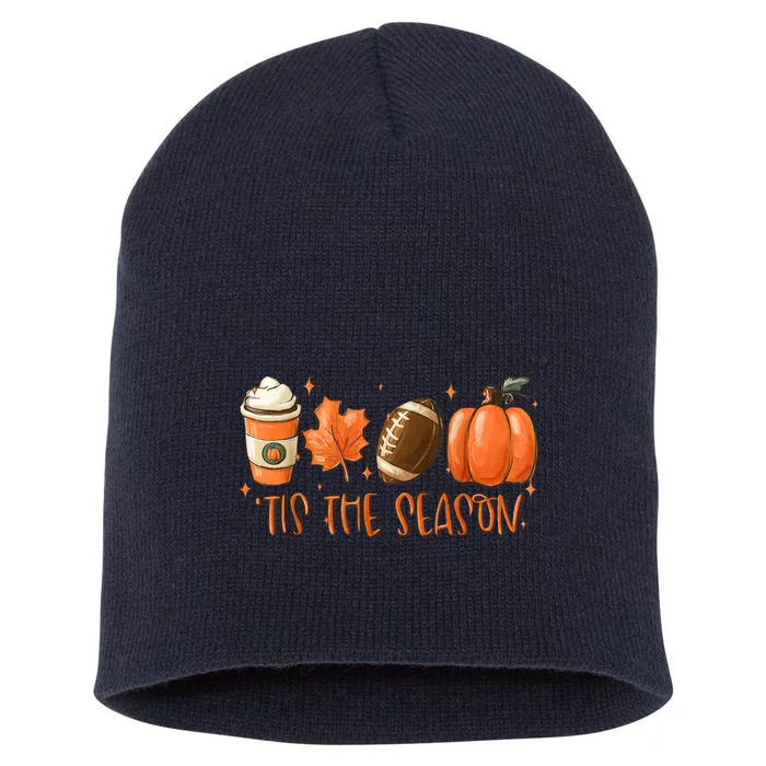 Funny Tis The Season Pumpkin Leaf Latte Football Thanksgiving Fall Short Acrylic Beanie