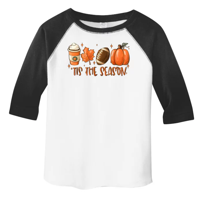 Funny Tis The Season Pumpkin Leaf Latte Football Thanksgiving Fall Toddler Fine Jersey T-Shirt