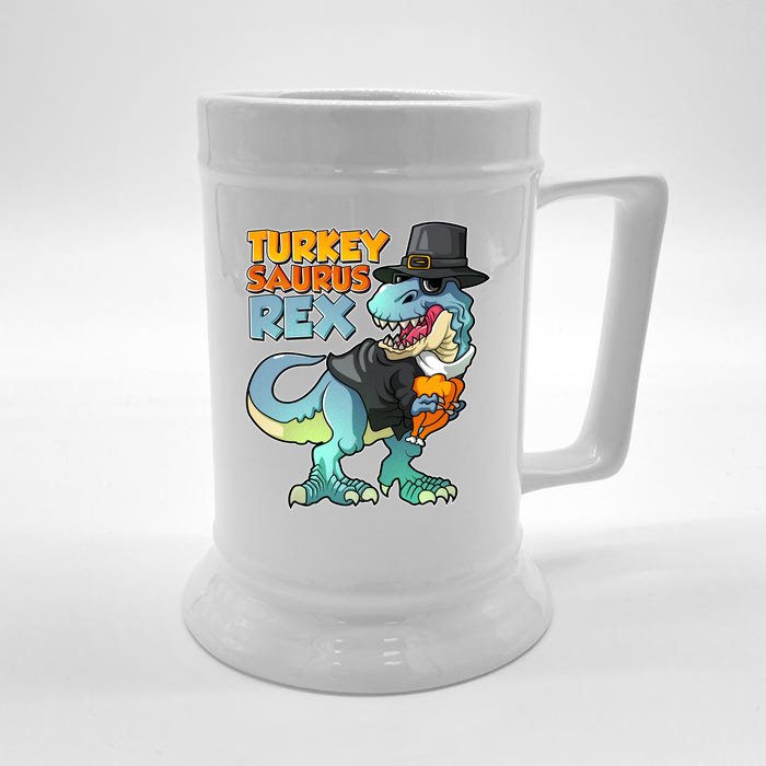 Funny Thanksgiving Turkey Saurus Rex Front & Back Beer Stein