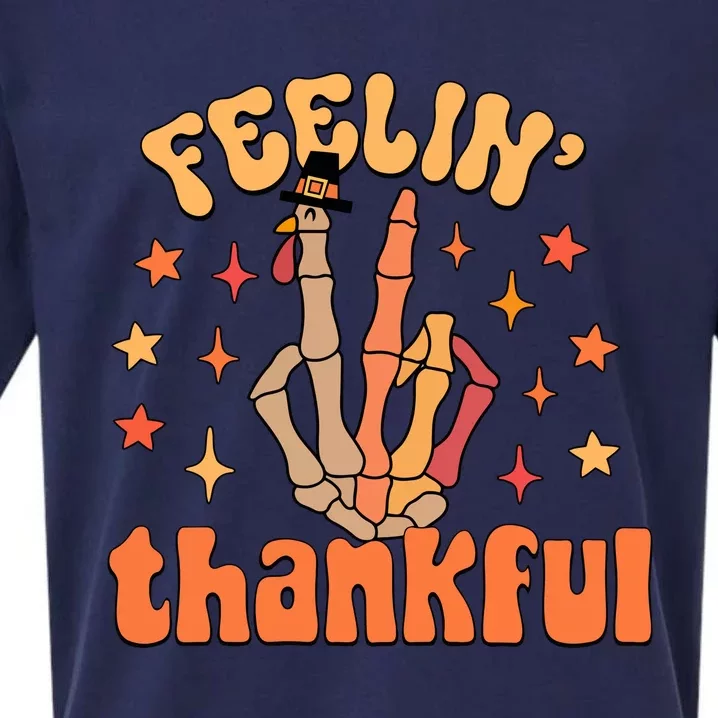 Feelin Thankful Turkey Skeleton Hand Thanksgiving Sueded Cloud Jersey T-Shirt