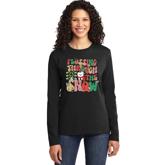 Flossing Through The Snow Retro Christmas Dental Hygienist Ladies Long Sleeve Shirt