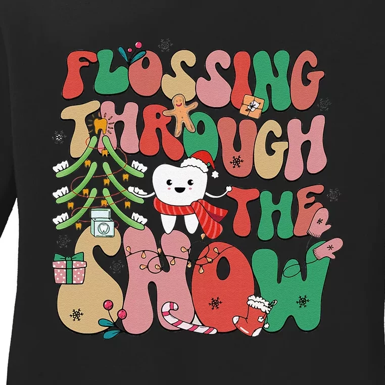 Flossing Through The Snow Retro Christmas Dental Hygienist Ladies Long Sleeve Shirt