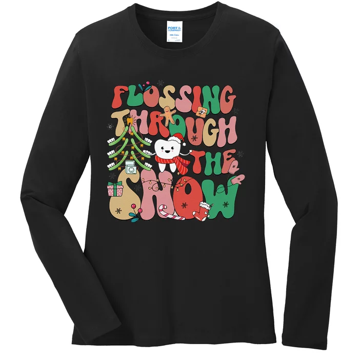 Flossing Through The Snow Retro Christmas Dental Hygienist Ladies Long Sleeve Shirt