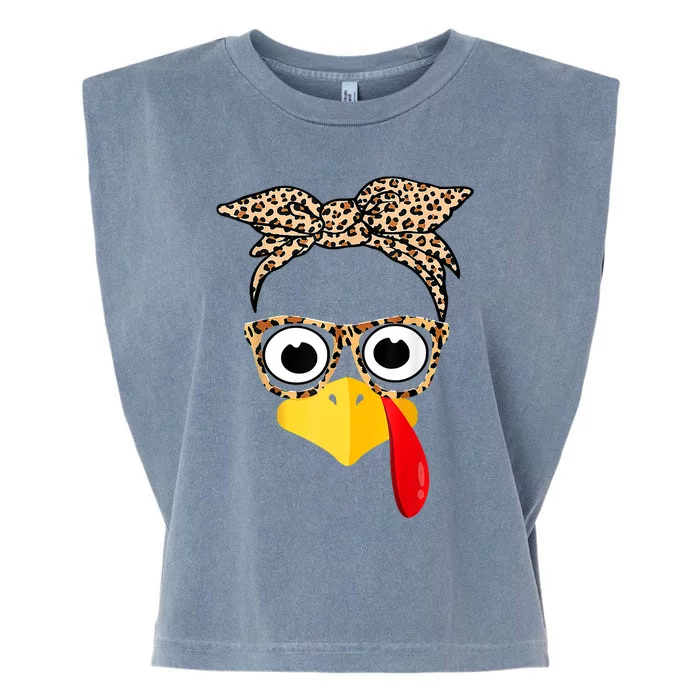 Funny Thanksgiving Turkey Face Leopard Glasses Family Costume Garment-Dyed Women's Muscle Tee