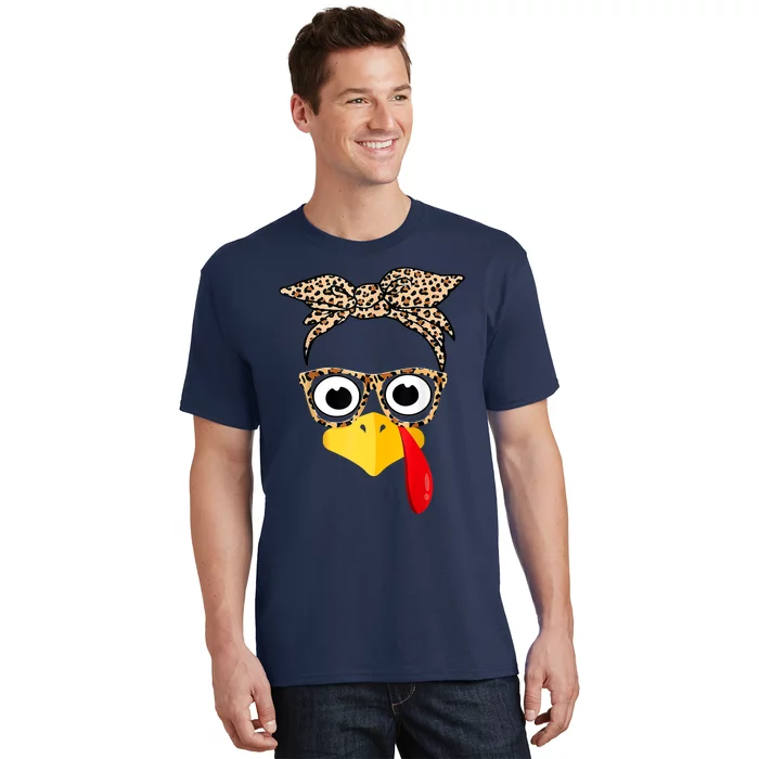 Funny Thanksgiving Turkey Face Leopard Glasses Family Costume T-Shirt