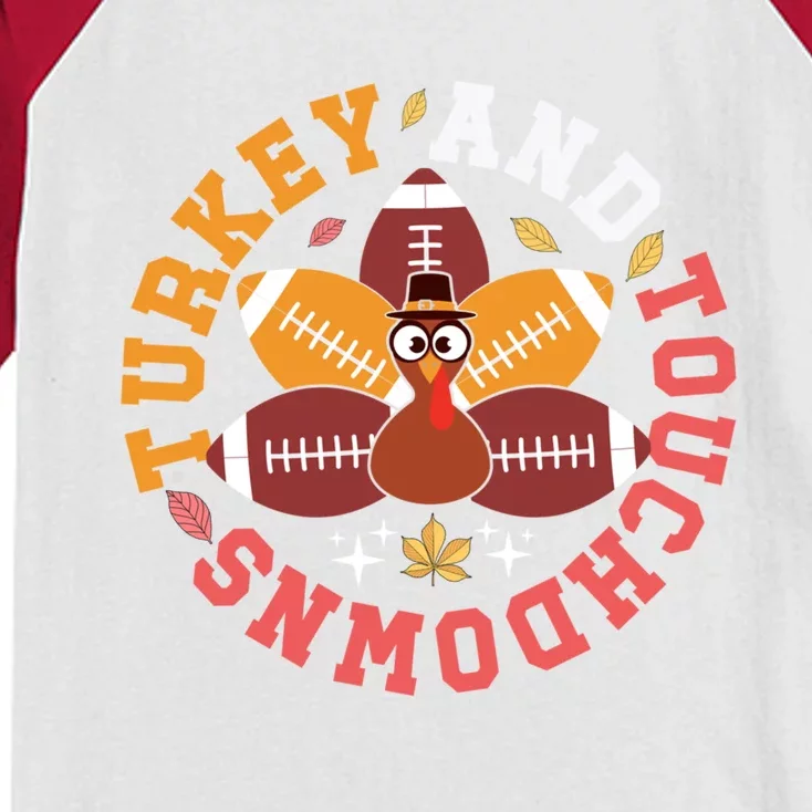 Funny Thanksgiving Turkey And Touchdowns Funny Gift Kids Colorblock Raglan Jersey