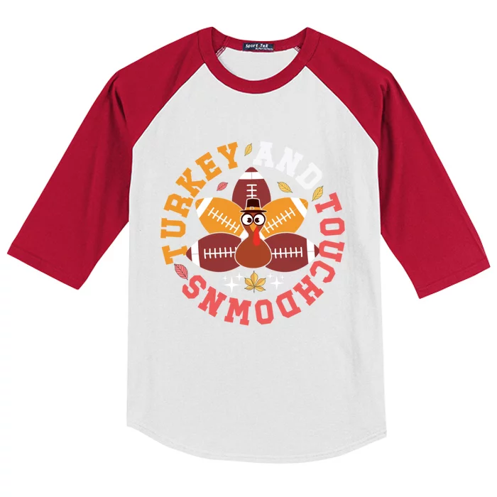 Funny Thanksgiving Turkey And Touchdowns Funny Gift Kids Colorblock Raglan Jersey