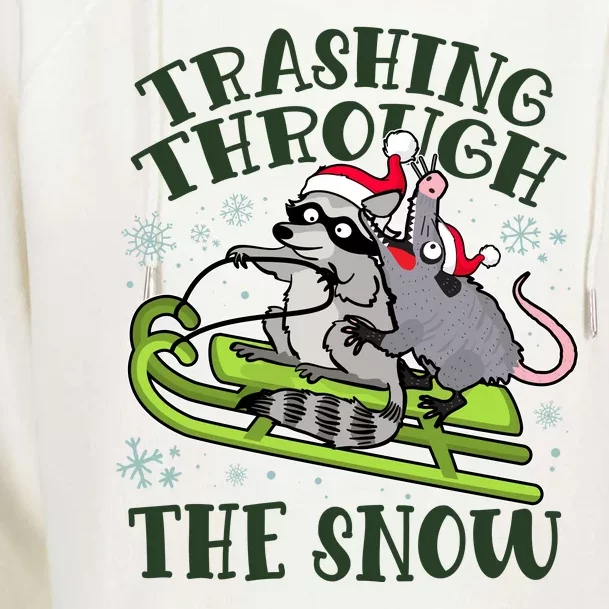 Funny Trashing Through The Snow Sleding Raccoon And Opossum Womens Funnel Neck Pullover Hood