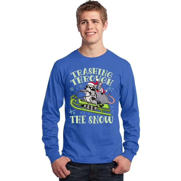 Funny Trashing Through The Snow Sleding Raccoon And Opossum Tall Long Sleeve T-Shirt