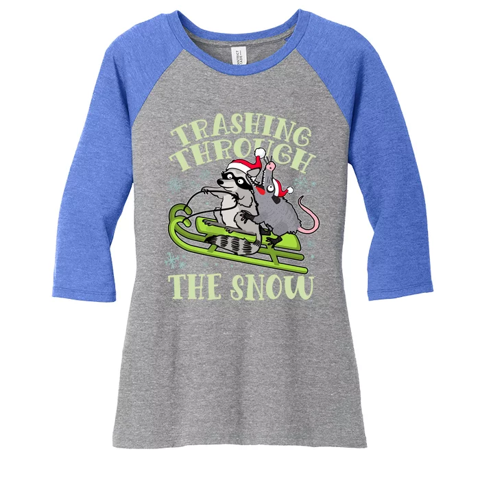 Funny Trashing Through The Snow Sleding Raccoon And Opossum Women's Tri-Blend 3/4-Sleeve Raglan Shirt