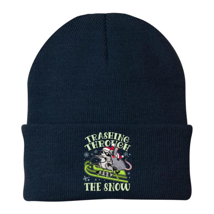 Funny Trashing Through The Snow Sleding Raccoon And Opossum Knit Cap Winter Beanie