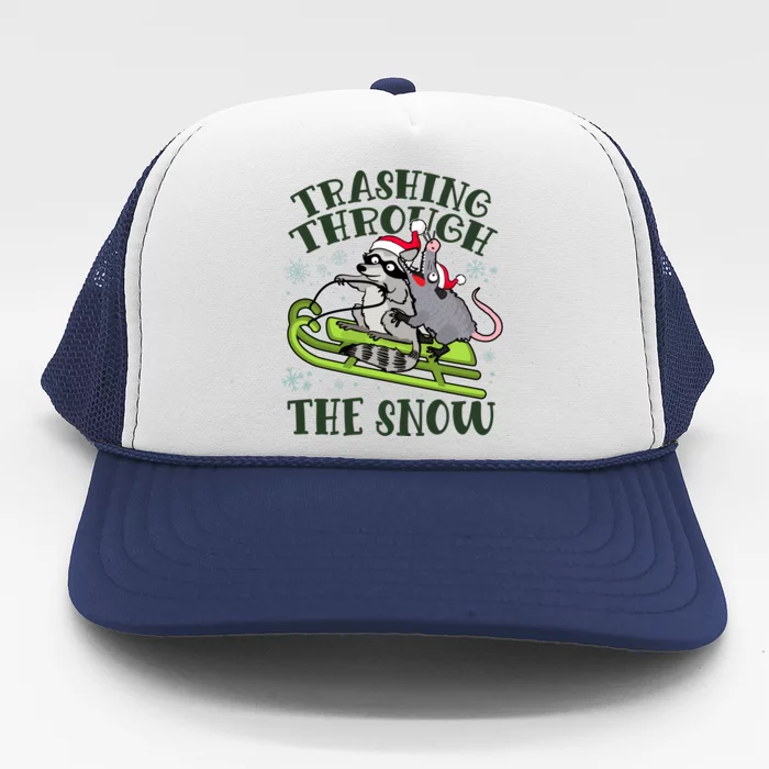 Funny Trashing Through The Snow Sleding Raccoon And Opossum Trucker Hat