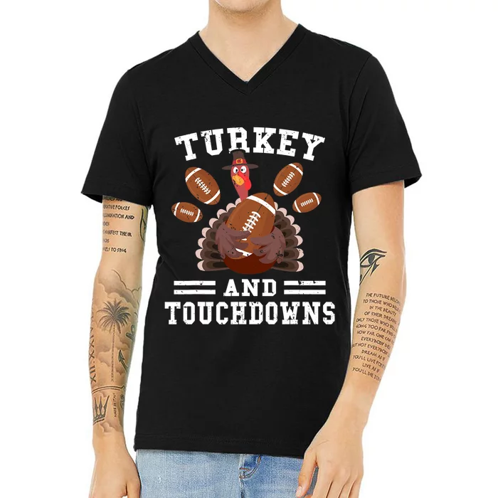 Funny Thanksgiving Turkey And Touchdowns Football V-Neck T-Shirt