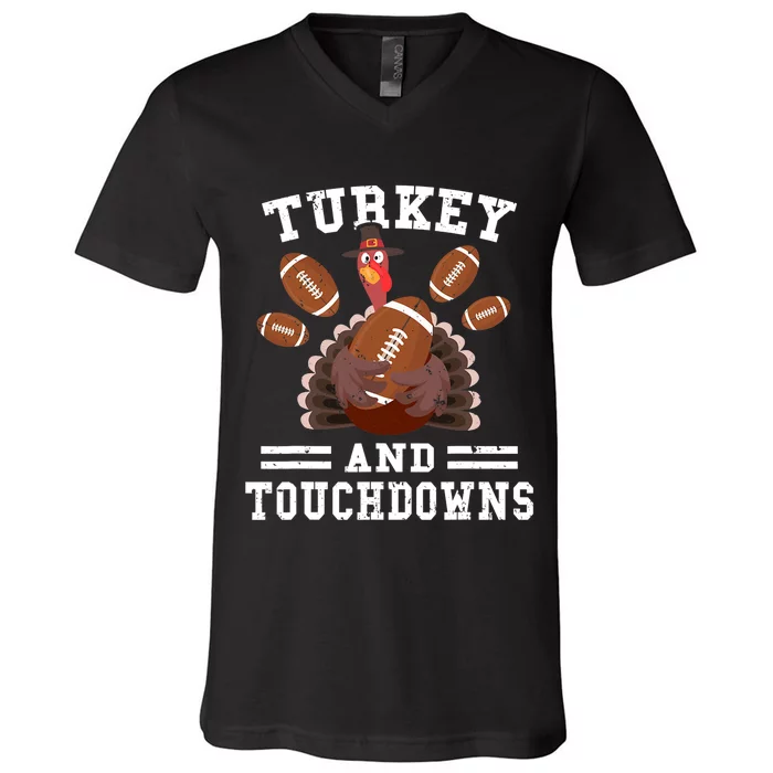 Funny Thanksgiving Turkey And Touchdowns Football V-Neck T-Shirt