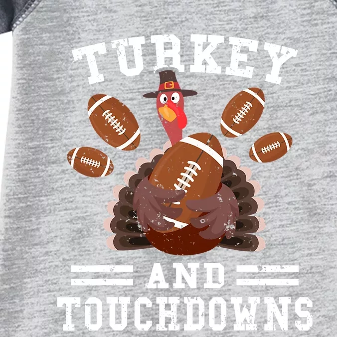 Funny Thanksgiving Turkey And Touchdowns Football Infant Baby Jersey Bodysuit