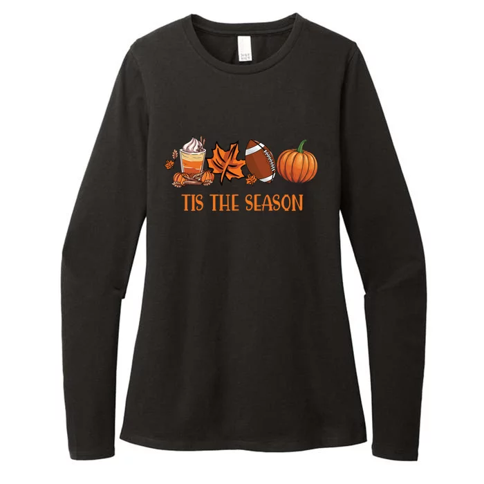 Football Tis The Season Pumpkin Leaf Latte Fall Thanksgiving Funny Gift Womens CVC Long Sleeve Shirt