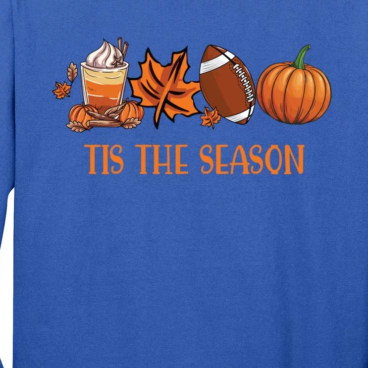 Football Tis The Season Pumpkin Leaf Latte Fall Thanksgiving Funny Gift Long Sleeve Shirt