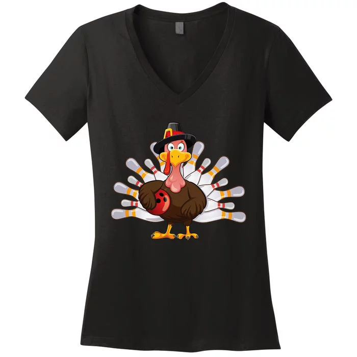 Funny Thanksgiving Turkey Bowling Pin Matching Team Women's V-Neck T-Shirt