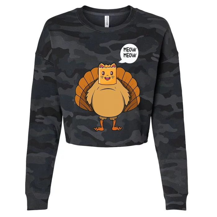 Funny Thanksgiving Turkey Cat Meow Meow Cropped Pullover Crew