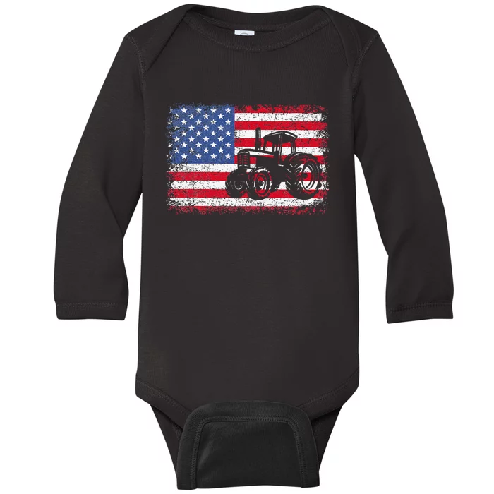 Farm Tractors USA Flag Patriotic Farming Gift Baby Long Sleeve Bodysuit