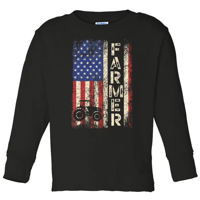 Farmer Tractors USA American Flag Patriotic Farming Gifts Toddler Long Sleeve Shirt