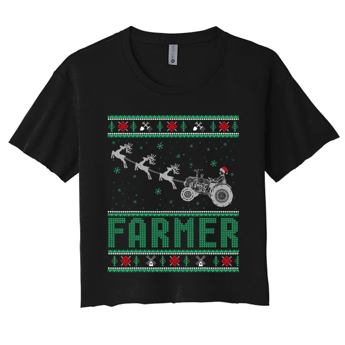 Farmer Tractors Ugly Christmas Xmas Sweater Women's Crop Top Tee