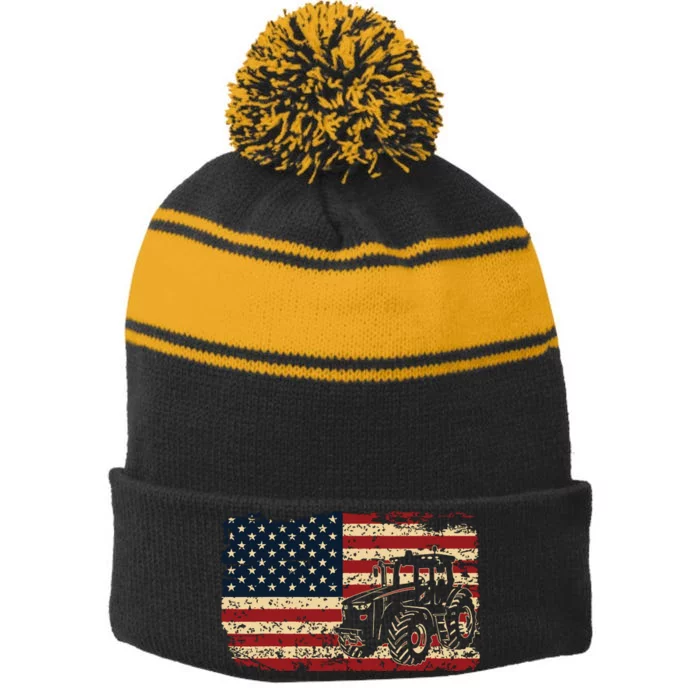 Farm Tractors Usa Flag Patriotic Farming Gift Stripe Pom Pom Beanie