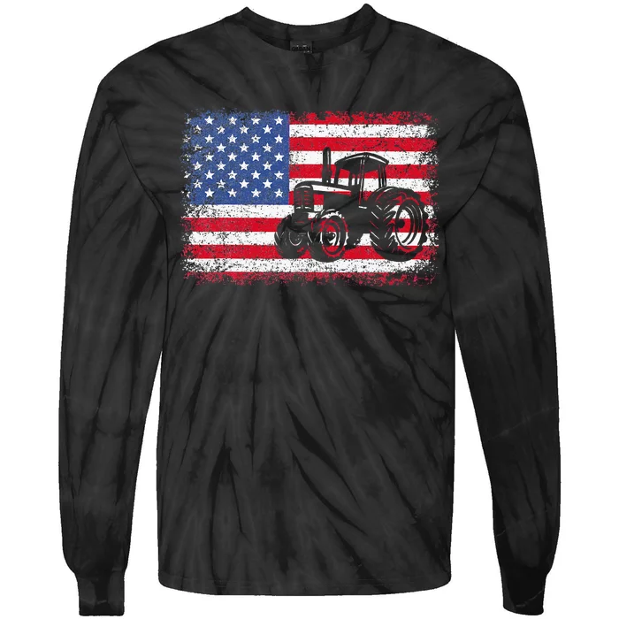 Farm Tractors USA Flag Patriotic Farming Gift Tie-Dye Long Sleeve Shirt