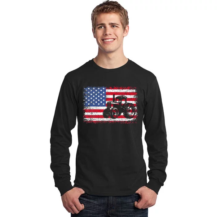 Farm Tractors Usa Flag Patriotic Farming Gift Tall Long Sleeve T-Shirt