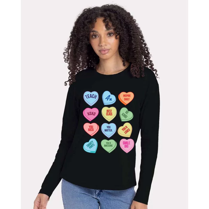 Funny Teacher Valentines Day Teach Heart Candy Womens Cotton Relaxed Long Sleeve T-Shirt