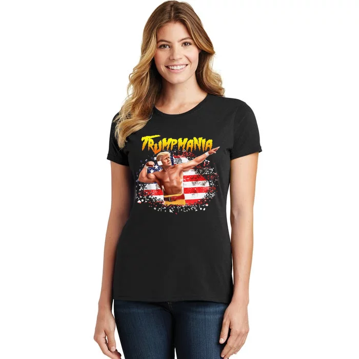 Funny Trumpmania Wrestling Meme 2024 Usa Flag Trump Rally Women's T-Shirt