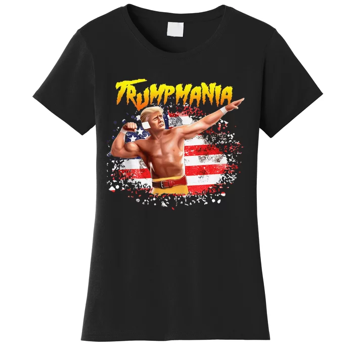 Funny Trumpmania Wrestling Meme 2024 Usa Flag Trump Rally Women's T-Shirt