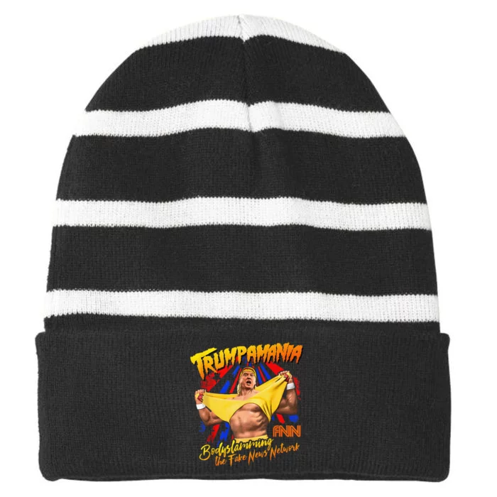 Funny Trump Wrestling Meme Fake News Trumpamania Striped Beanie with Solid Band