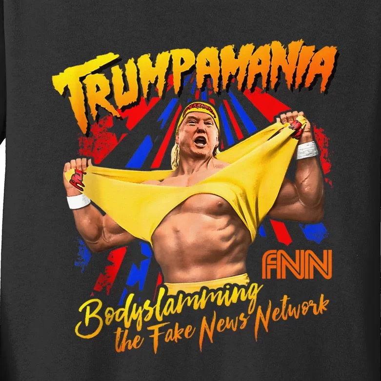 Funny Trump Wrestling Meme Fake News Trumpamania Kids Long Sleeve Shirt