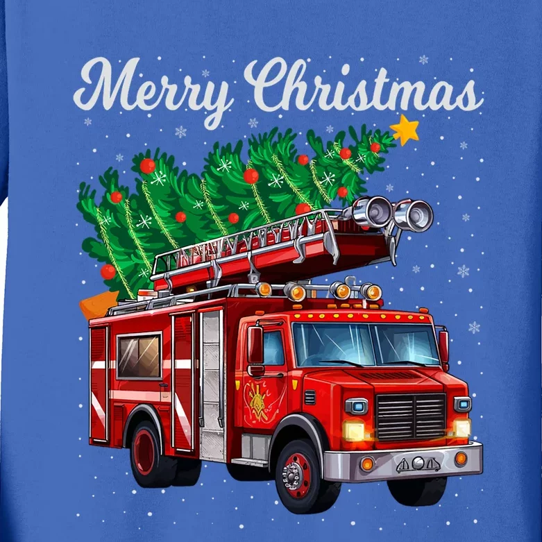 Fire Truck Xmas Tree Funny Firefighter Merry Christmas Gift Kids Long Sleeve Shirt